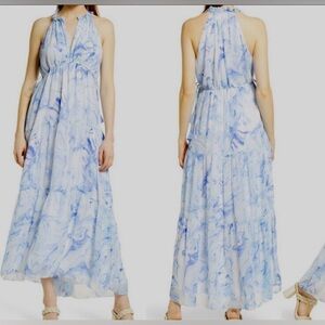 Saylor White Maxi Dress with Blue Marble Design, sleeveless, deep v neck, size M